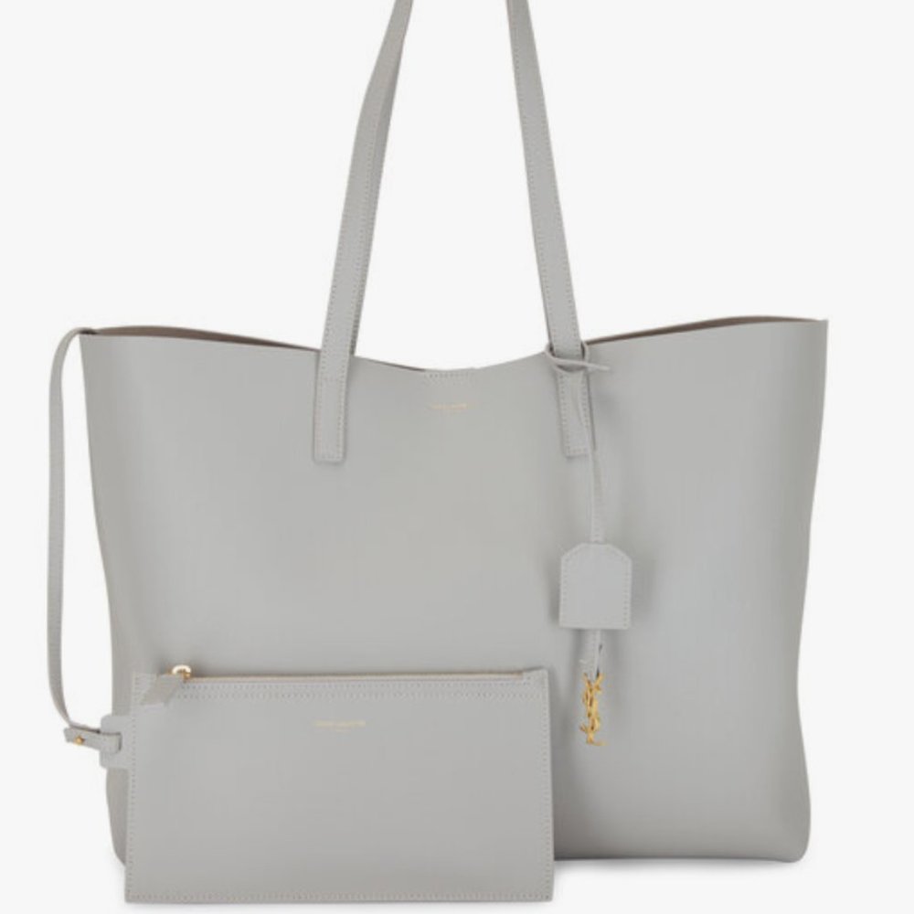 Saint Laurent East West Calfskin Shopping Tote Bag, Light Gray